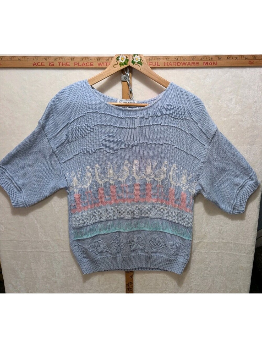 Vintage 1988 Jane Adams Periwinkle Blue Short Sleeve Coastal Novelty Knit Sweate